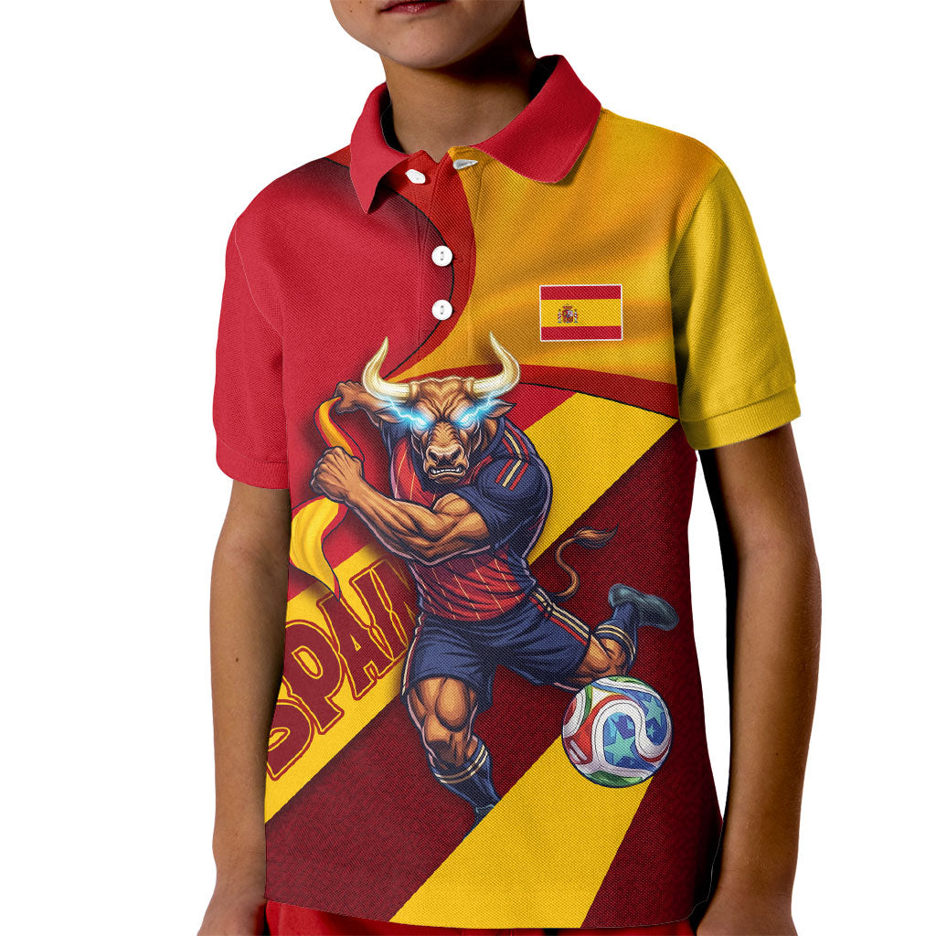 Personalized Spain Football Kid Polo Shirt Spanish Soccer Team Flag Bull Mascot