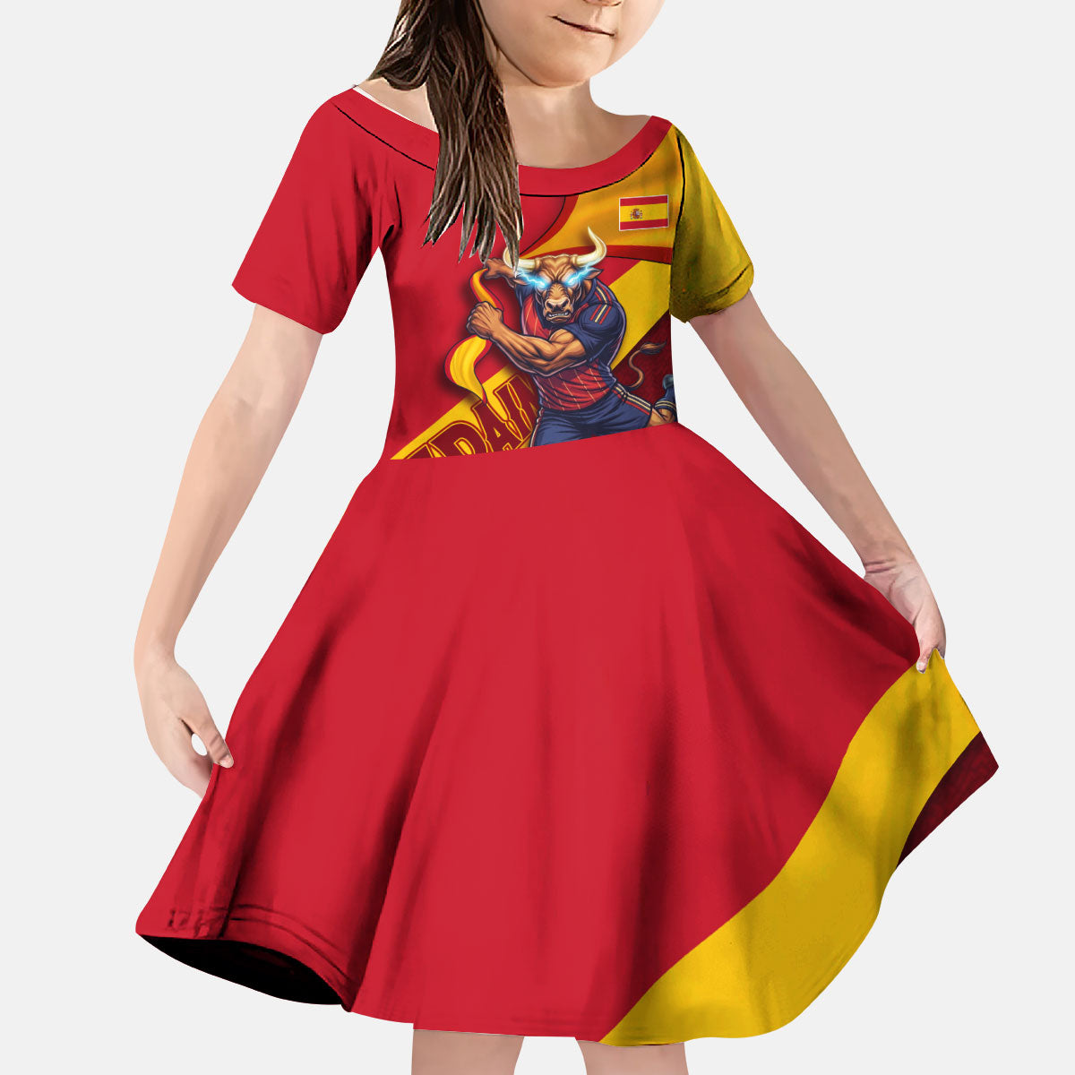 Personalized Spain Football Kid Short Sleeve Dress Spanish Soccer Team Flag Bull Mascot