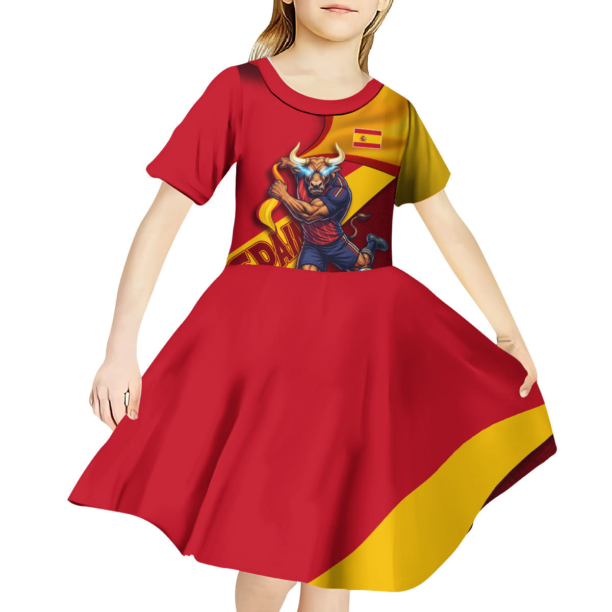Personalized Spain Football Kid Short Sleeve Dress Spanish Soccer Team Flag Bull Mascot
