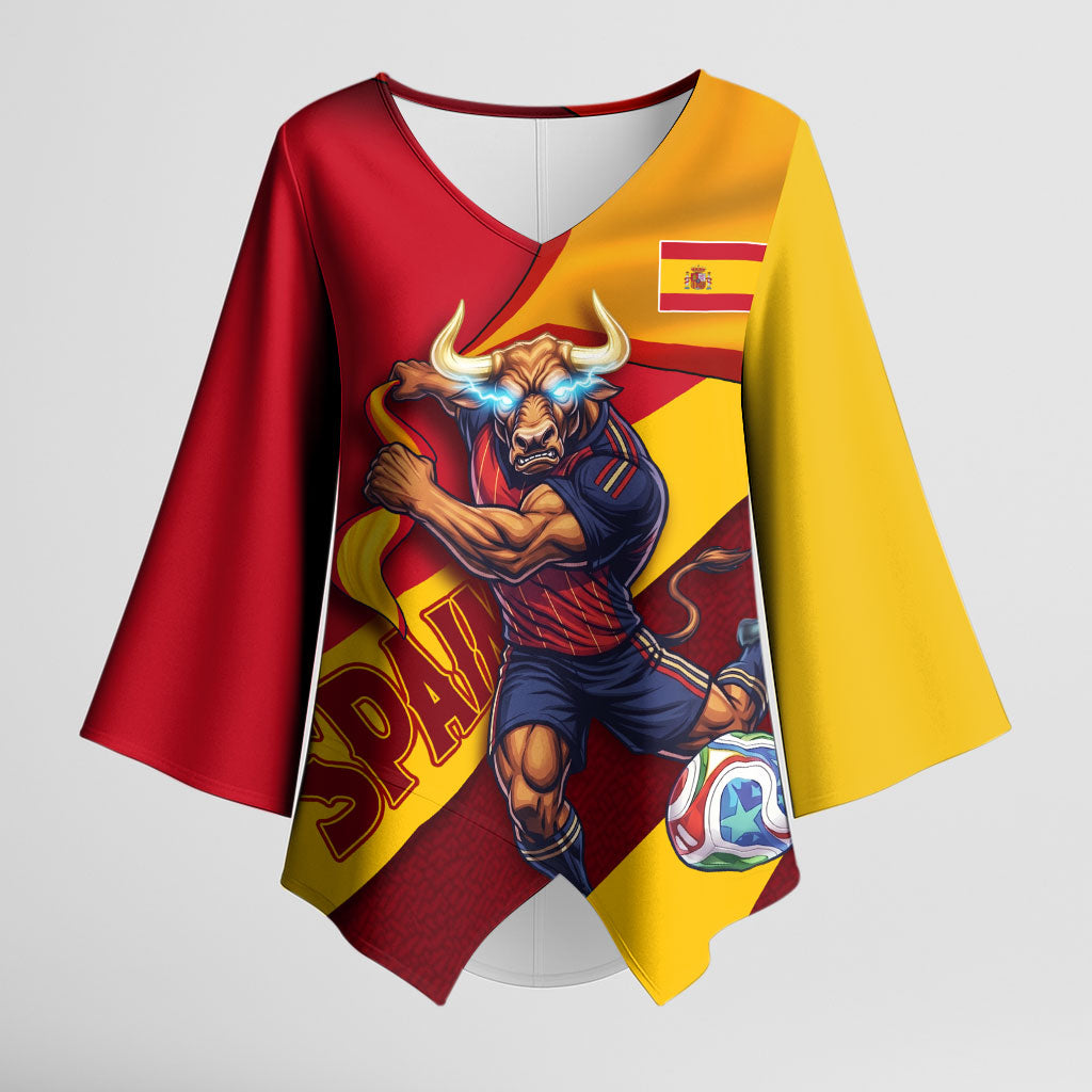 Personalized Spain Football Kimono Sleeve Blouse Spanish Soccer Team Flag Bull Mascot