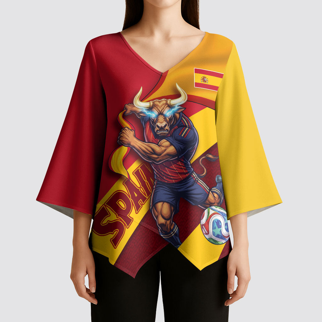 Personalized Spain Football Kimono Sleeve Blouse Spanish Soccer Team Flag Bull Mascot