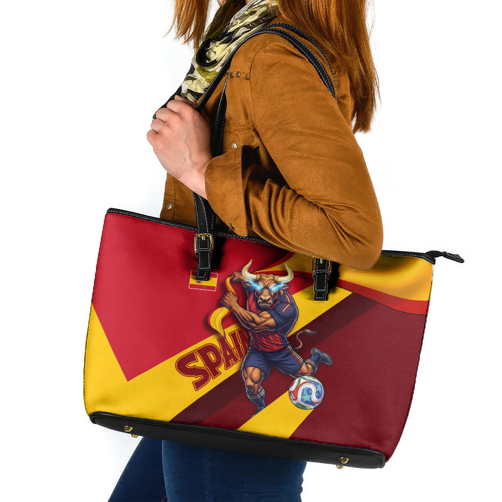 Spain Football Leather Tote Bag Spanish Soccer Team Flag Bull Mascot