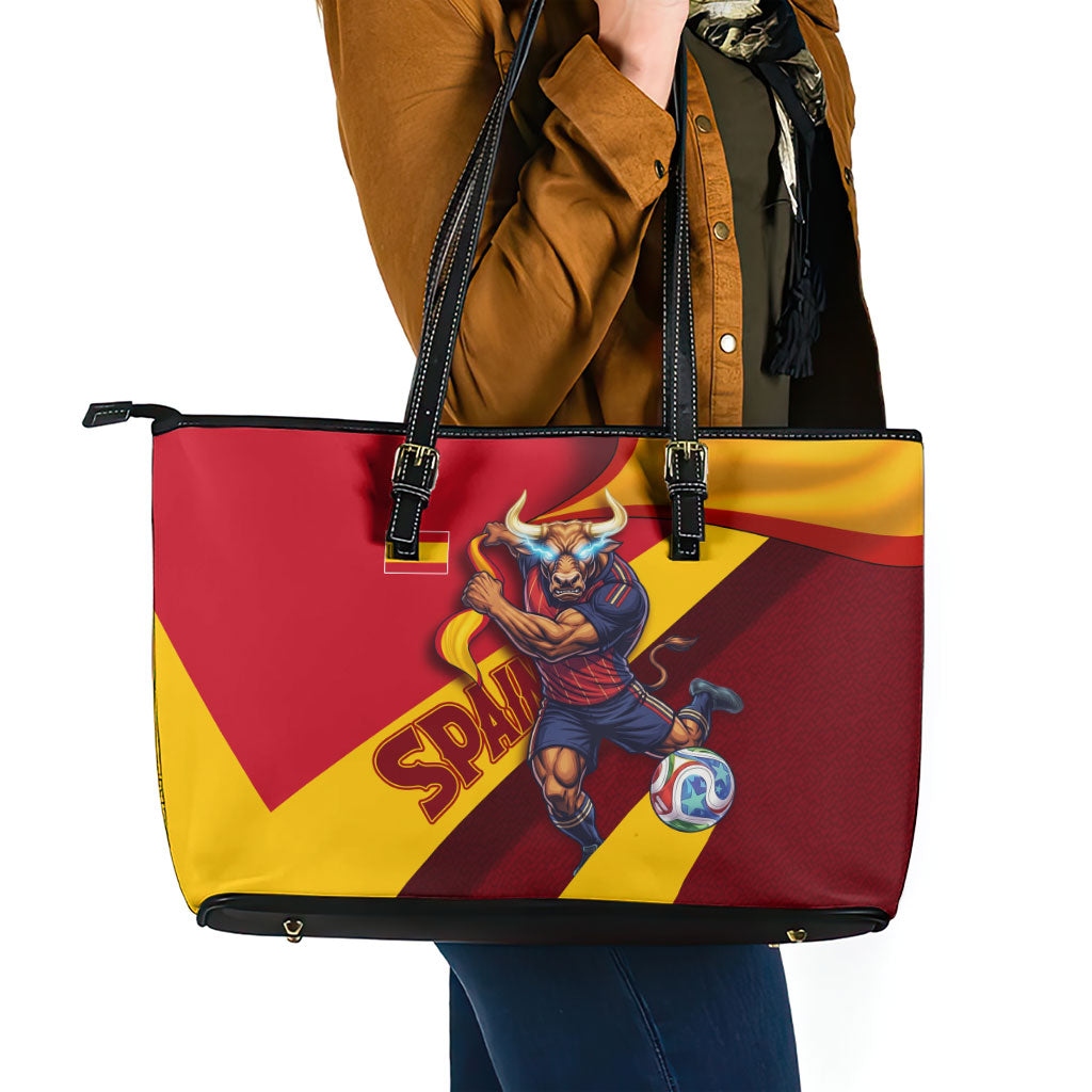 Spain Football Leather Tote Bag Spanish Soccer Team Flag Bull Mascot