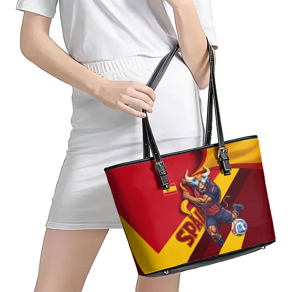 Spain Football Leather Tote Bag Spanish Soccer Team Flag Bull Mascot