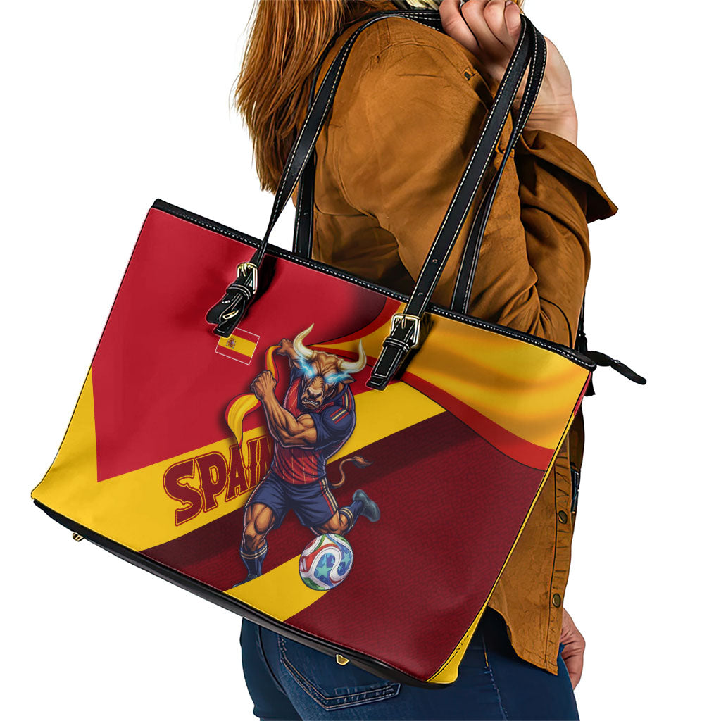 Spain Football Leather Tote Bag Spanish Soccer Team Flag Bull Mascot