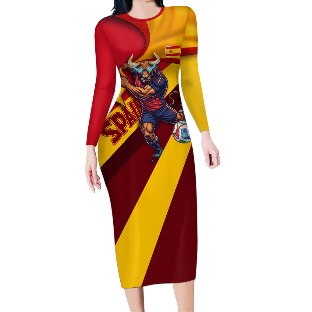 Personalized Spain Football Long Sleeve Bodycon Dress Spanish Soccer Team Flag Bull Mascot