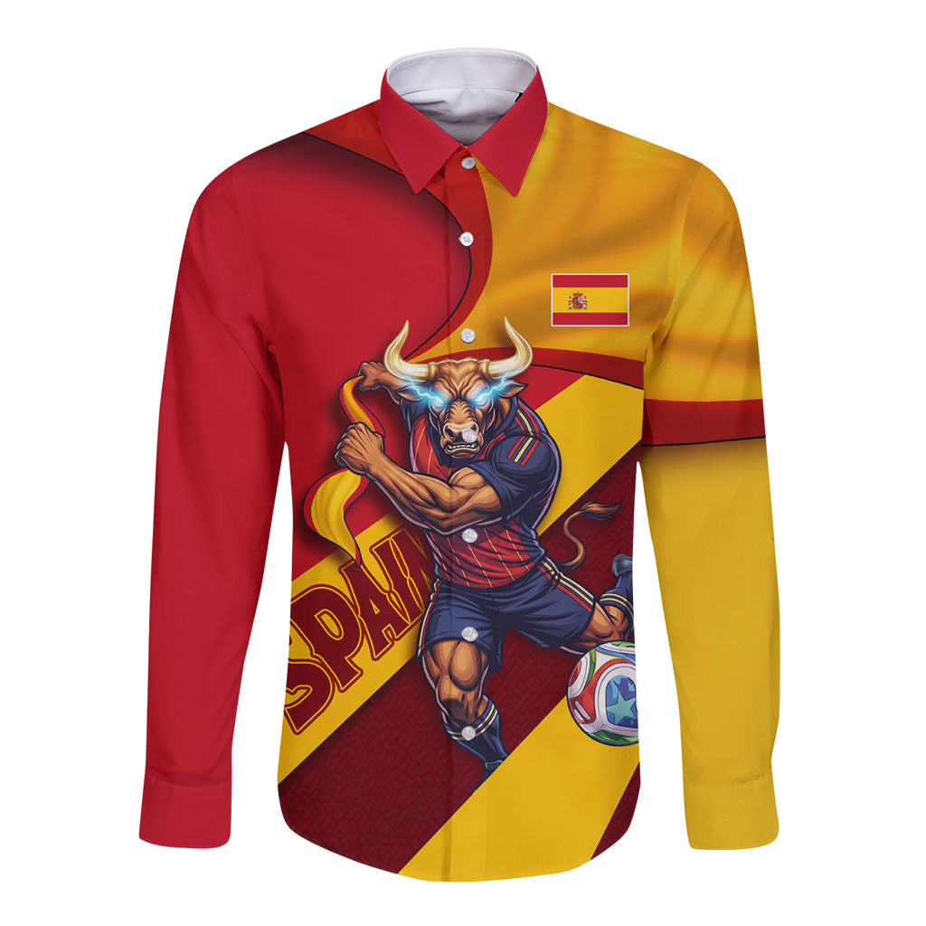Personalized Spain Football Long Sleeve Button Shirt Spanish Soccer Team Flag Bull Mascot