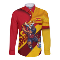 Personalized Spain Football Long Sleeve Button Shirt Spanish Soccer Team Flag Bull Mascot