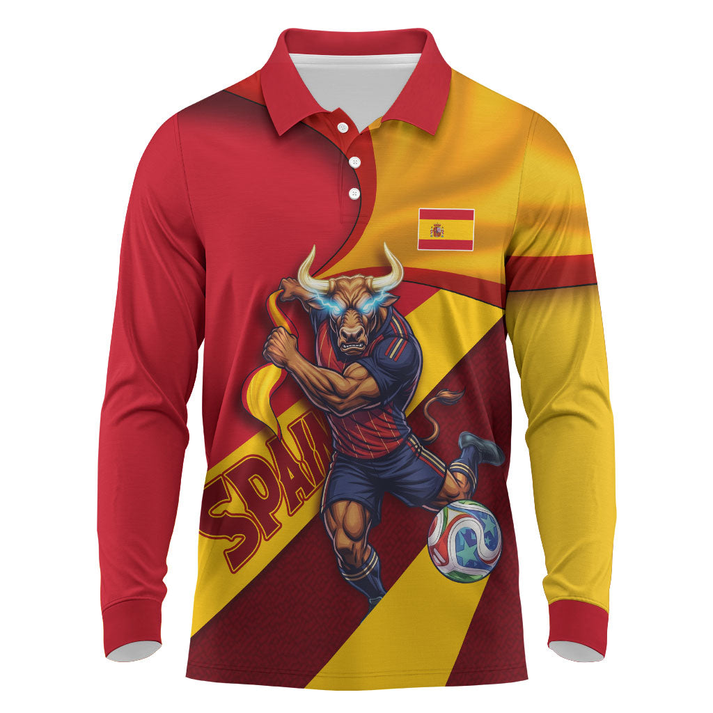 Personalized Spain Football Long Sleeve Polo Shirt Spanish Soccer Team Flag Bull Mascot