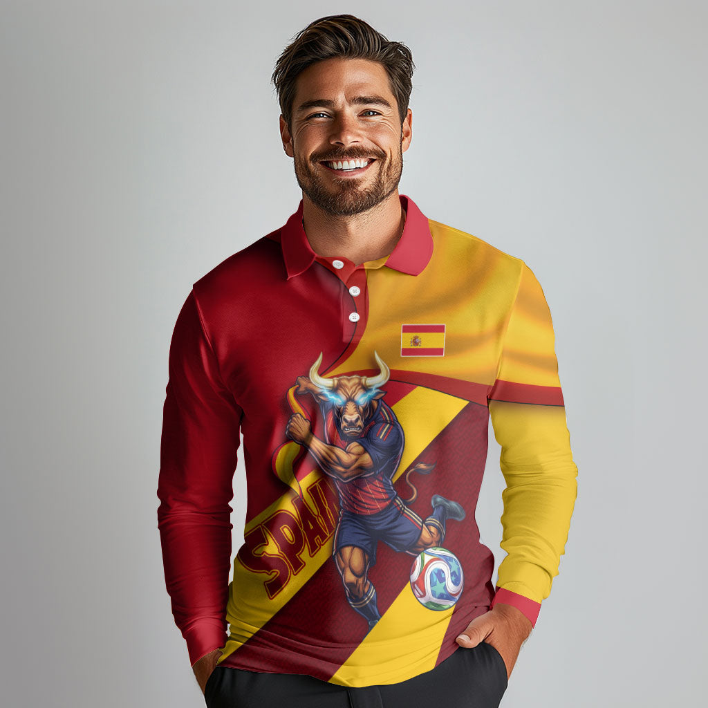 Personalized Spain Football Long Sleeve Polo Shirt Spanish Soccer Team Flag Bull Mascot