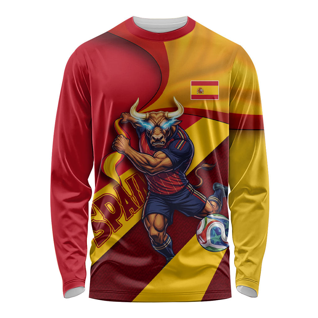 Personalized Spain Football Long Sleeve Shirt Spanish Soccer Team Flag Bull Mascot