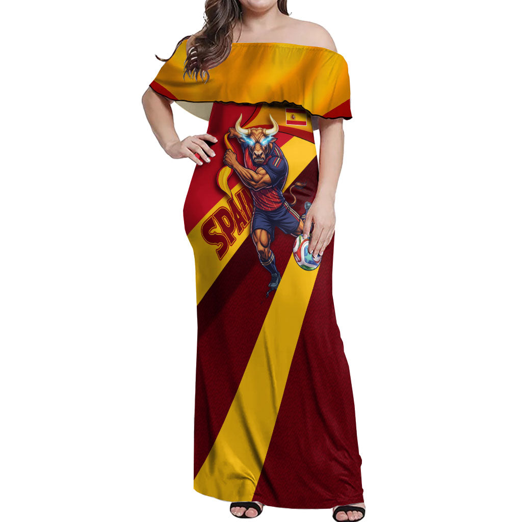 Personalized Spain Football Off Shoulder Maxi Dress Spanish Soccer Team Flag Bull Mascot