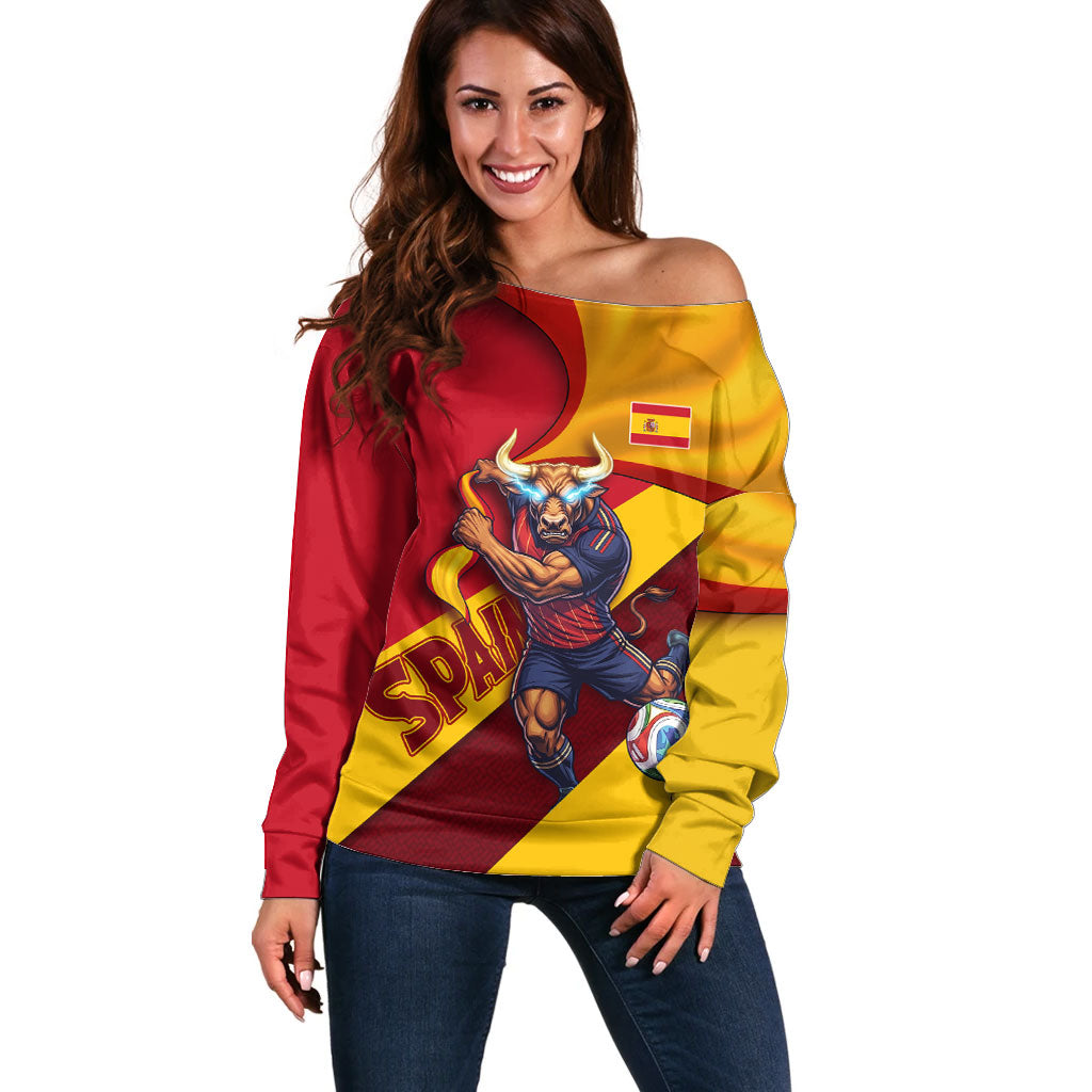 Personalized Spain Football Off Shoulder Sweater Spanish Soccer Team Flag Bull Mascot
