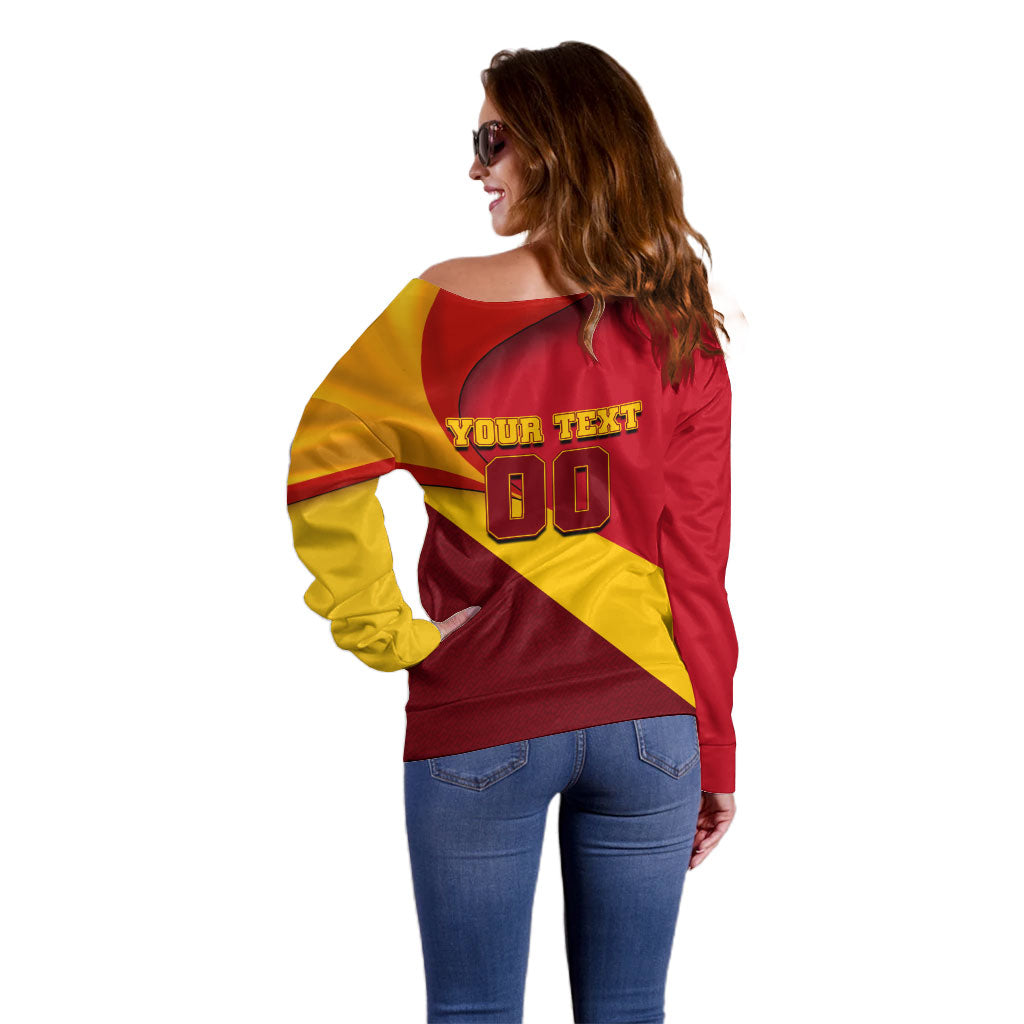 Personalized Spain Football Off Shoulder Sweater Spanish Soccer Team Flag Bull Mascot