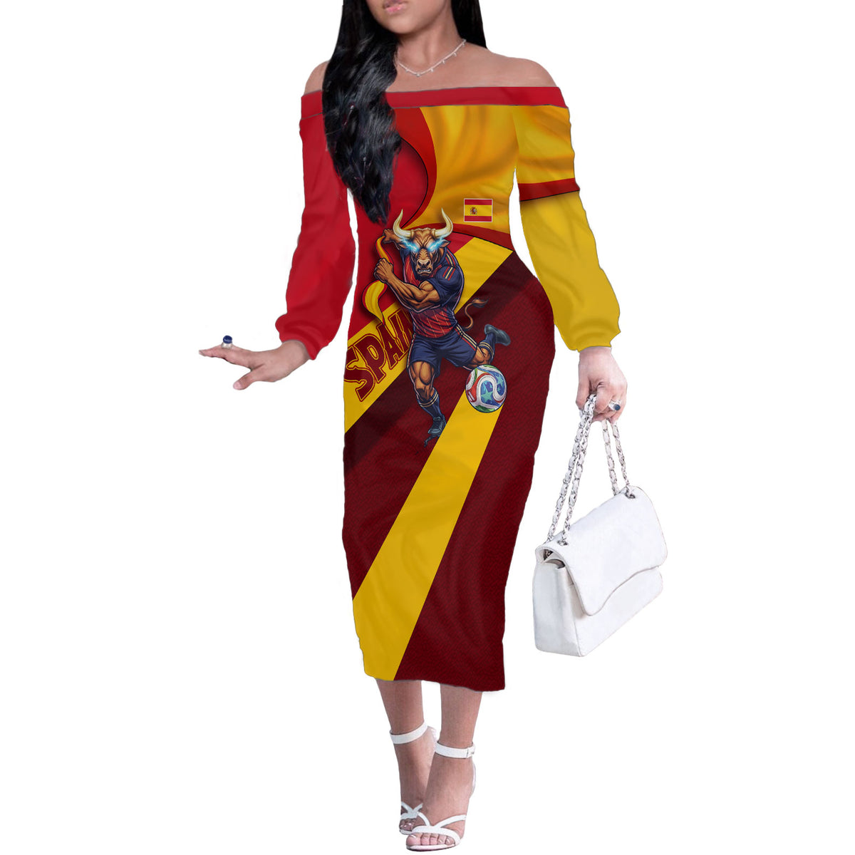 Personalized Spain Football Off The Shoulder Long Sleeve Dress Spanish Soccer Team Flag Bull Mascot
