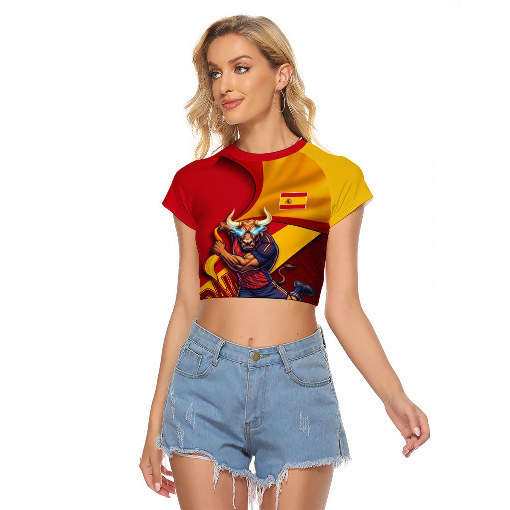 Personalized Spain Football Raglan Cropped T Shirt Spanish Soccer Team Flag Bull Mascot