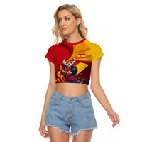 Personalized Spain Football Raglan Cropped T Shirt Spanish Soccer Team Flag Bull Mascot
