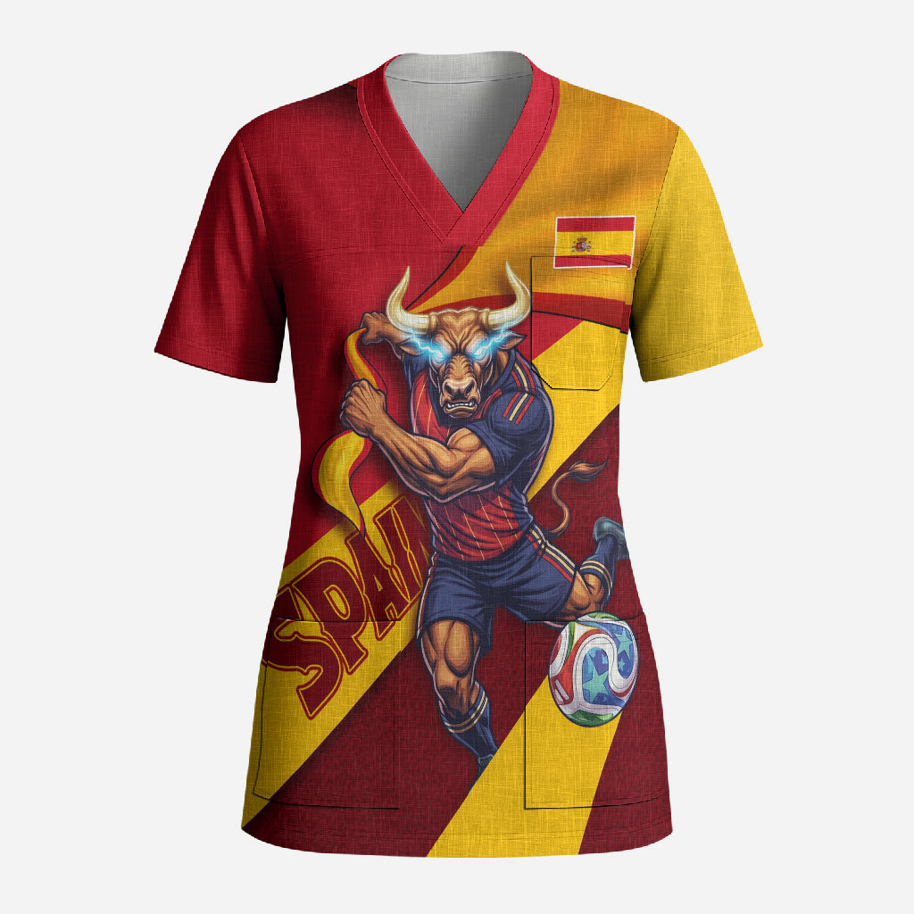 Personalized Spain Football Scrub Top Spanish Soccer Team Flag Bull Mascot