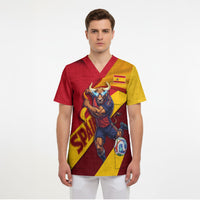 Personalized Spain Football Scrub Top Spanish Soccer Team Flag Bull Mascot