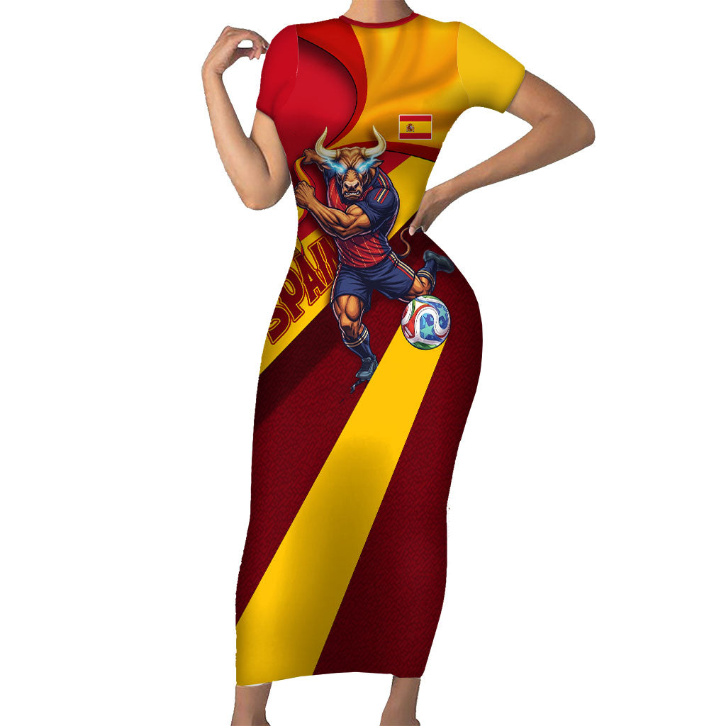 Personalized Spain Football Short Sleeve Bodycon Dress Spanish Soccer Team Flag Bull Mascot