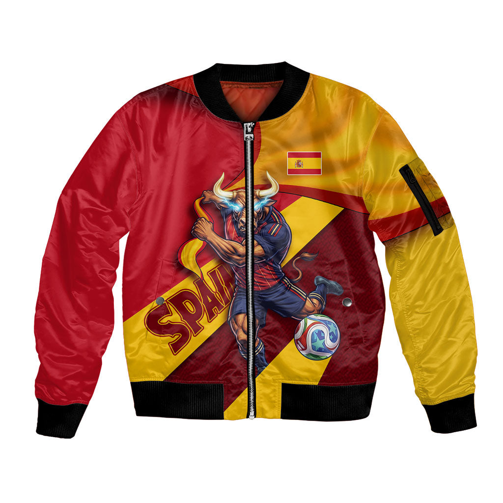 Personalized Spain Football Sleeve Zip Bomber Jacket Spanish Soccer Team Flag Bull Mascot