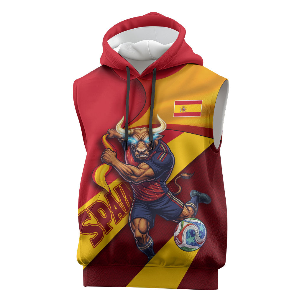 Personalized Spain Football Sleeveless Hoodie Spanish Soccer Team Flag Bull Mascot