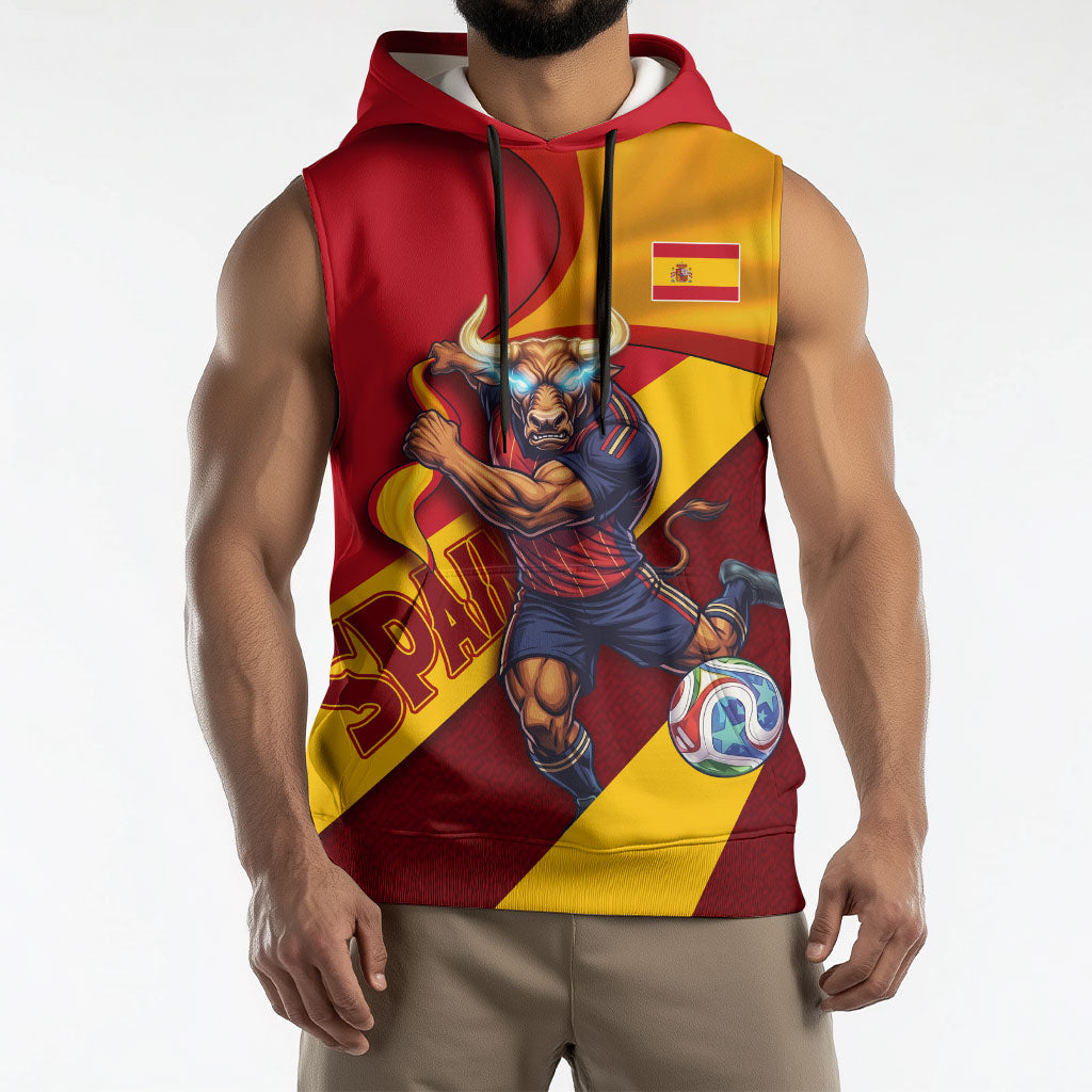 Personalized Spain Football Sleeveless Hoodie Spanish Soccer Team Flag Bull Mascot