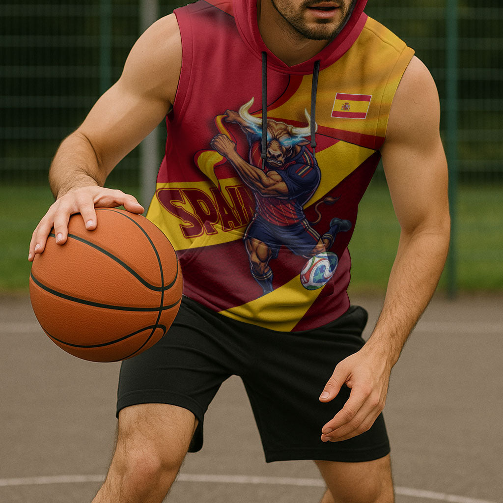 Personalized Spain Football Sleeveless Hoodie Spanish Soccer Team Flag Bull Mascot