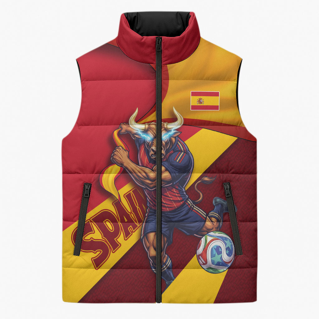 Personalized Spain Football Sleeveless Puffer Jacket Spanish Soccer Team Flag Bull Mascot