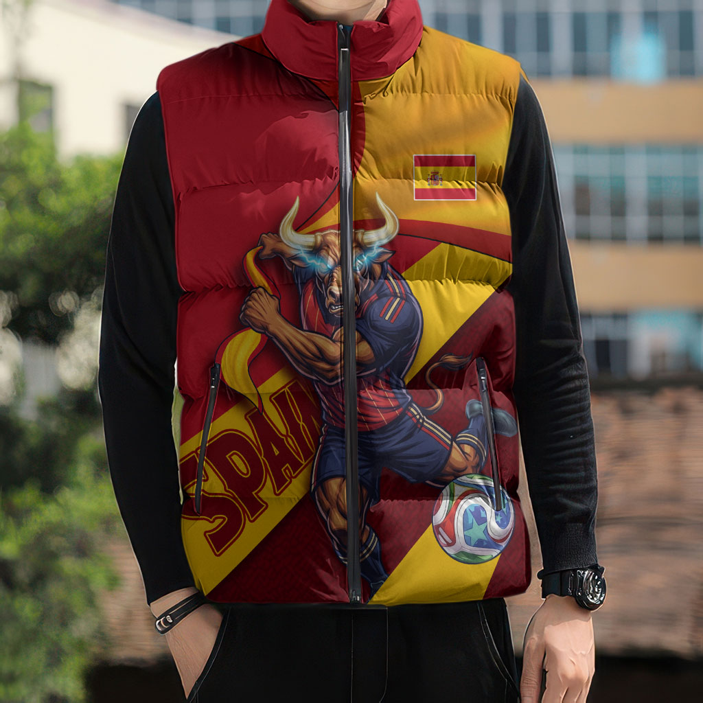 Personalized Spain Football Sleeveless Puffer Jacket Spanish Soccer Team Flag Bull Mascot