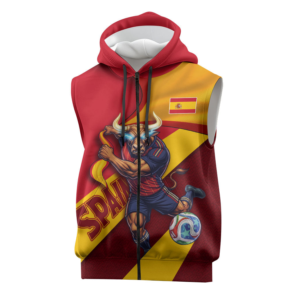 Personalized Spain Football Sleeveless Zip Hoodie Spanish Soccer Team Flag Bull Mascot