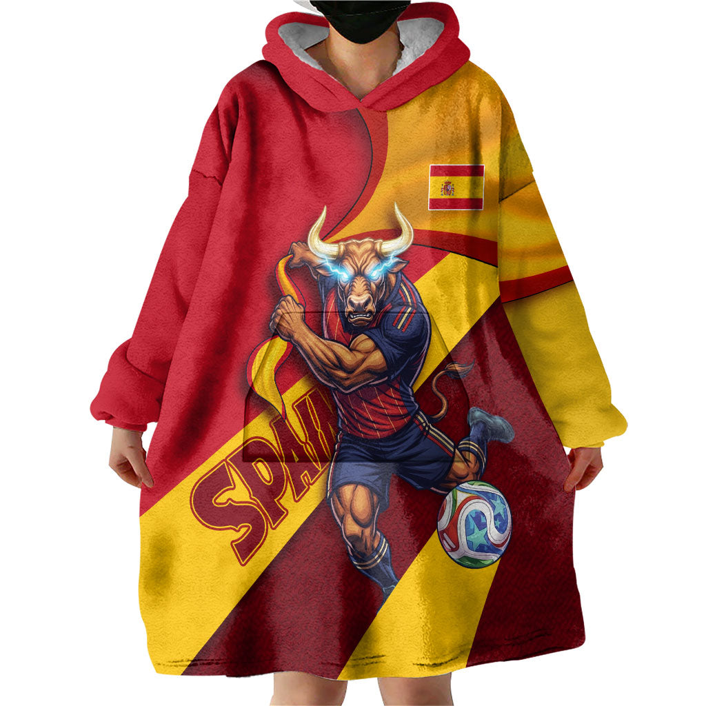 Personalized Spain Football Wearable Blanket Hoodie Spanish Soccer Team Flag Bull Mascot