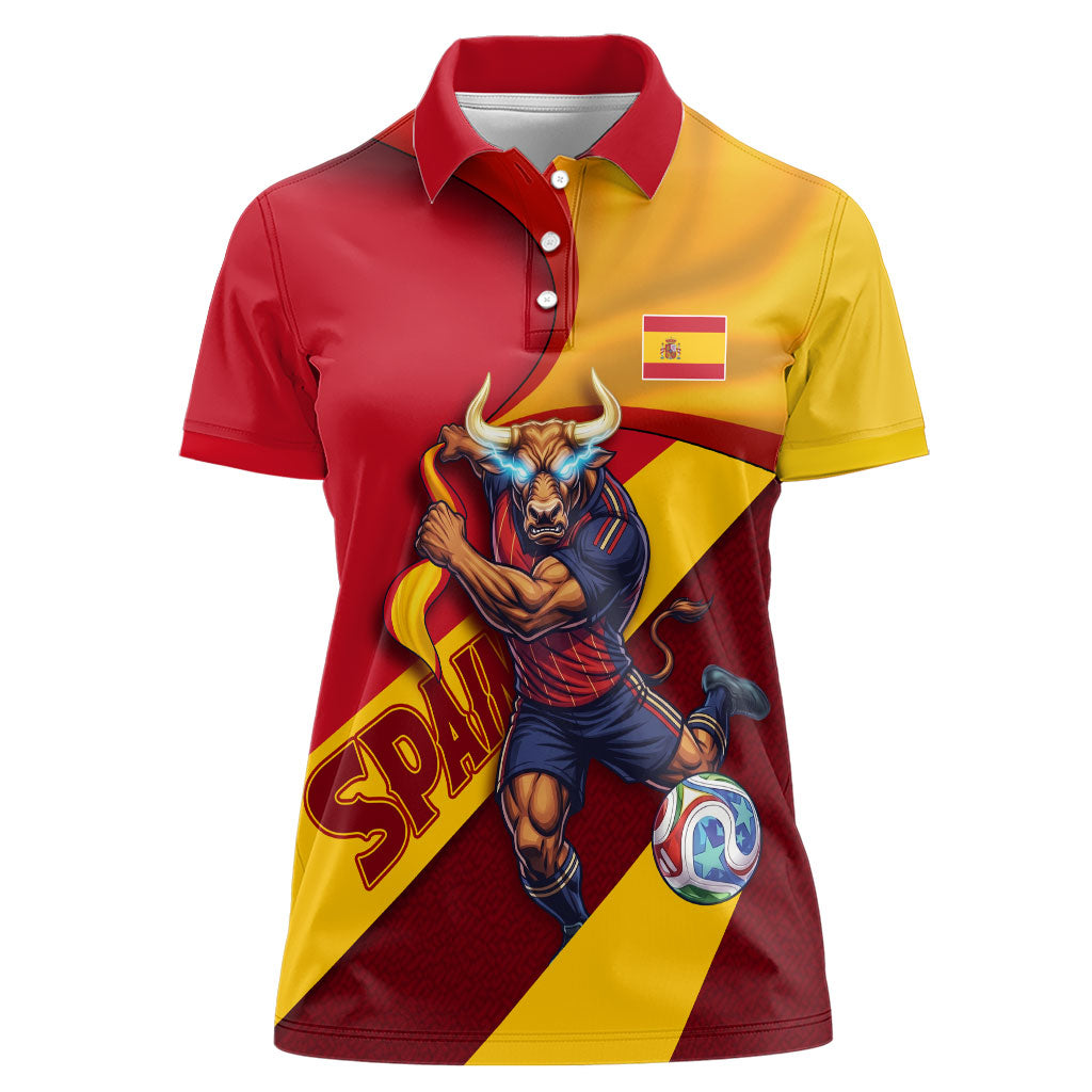 Personalized Spain Football Women Polo Shirt Spanish Soccer Team Flag Bull Mascot