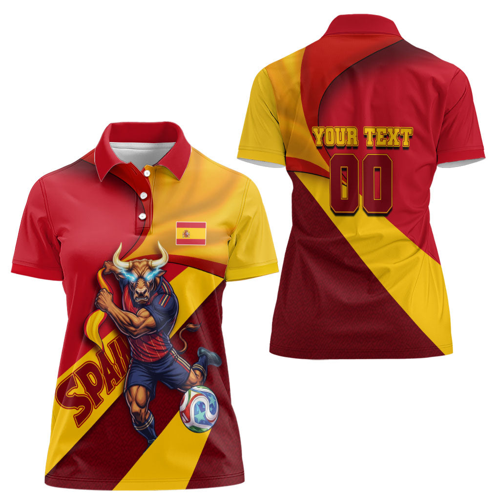 Personalized Spain Football Women Polo Shirt Spanish Soccer Team Flag Bull Mascot