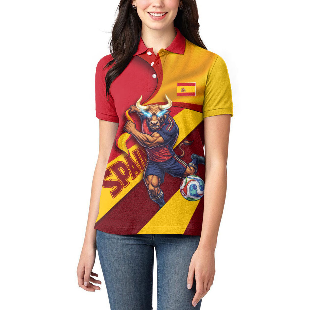 Personalized Spain Football Women Polo Shirt Spanish Soccer Team Flag Bull Mascot