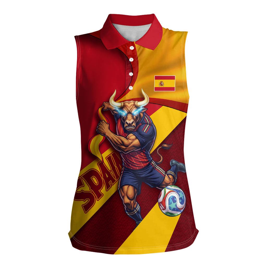 Personalized Spain Football Women Sleeveless Polo Shirt Spanish Soccer Team Flag Bull Mascot