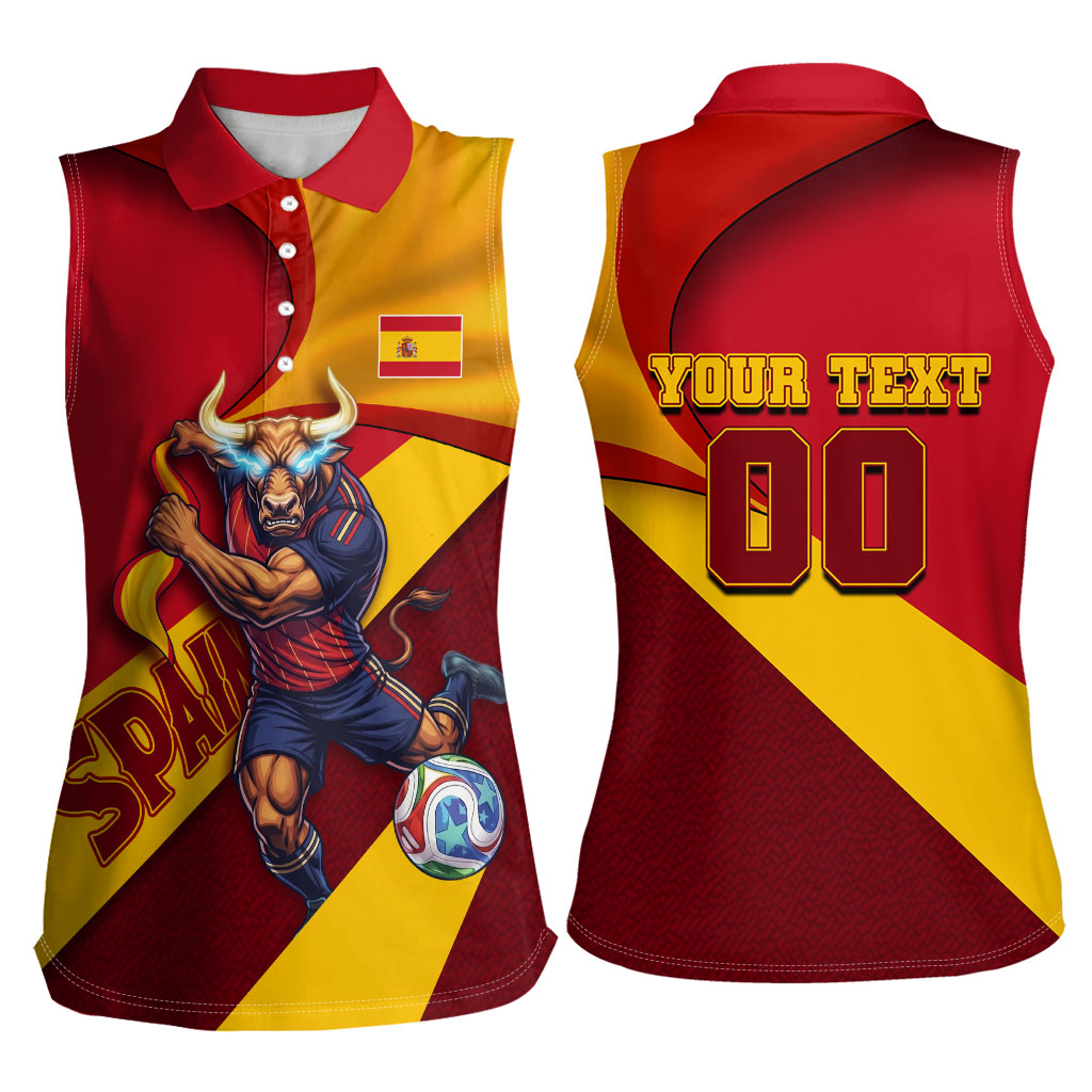 Personalized Spain Football Women Sleeveless Polo Shirt Spanish Soccer Team Flag Bull Mascot