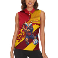 Personalized Spain Football Women Sleeveless Polo Shirt Spanish Soccer Team Flag Bull Mascot