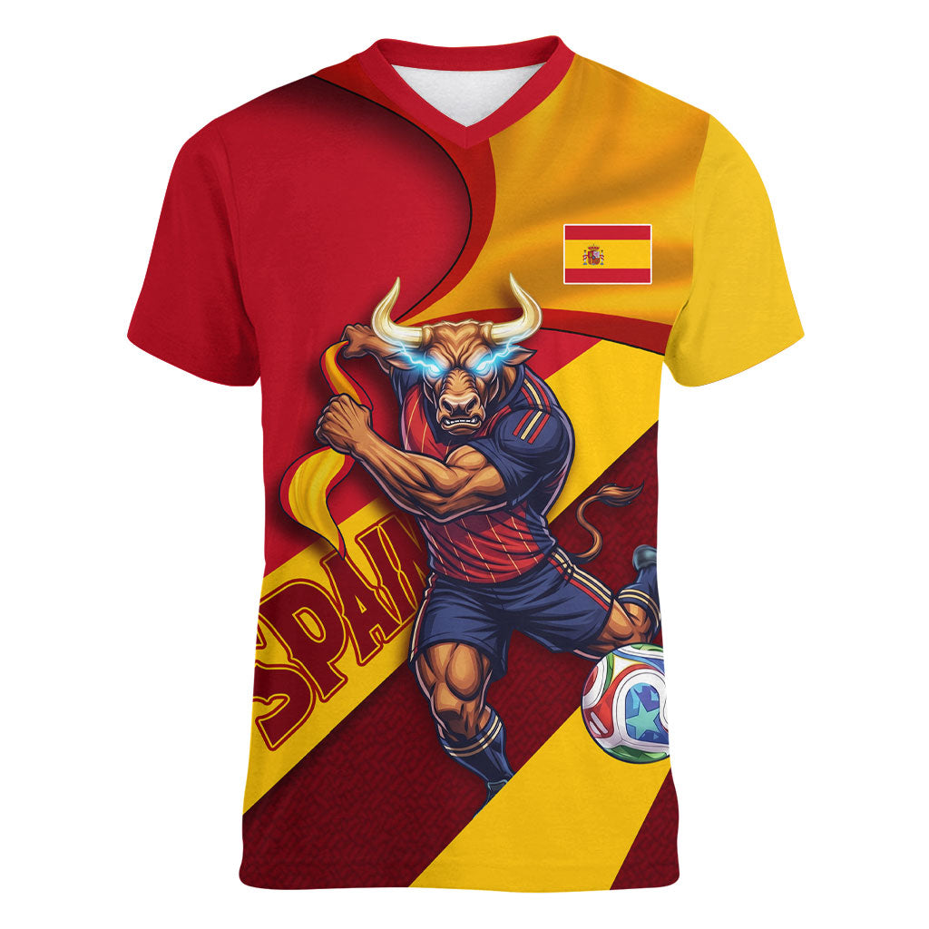Personalized Spain Football Women V-Neck T-Shirt Spanish Soccer Team Flag Bull Mascot