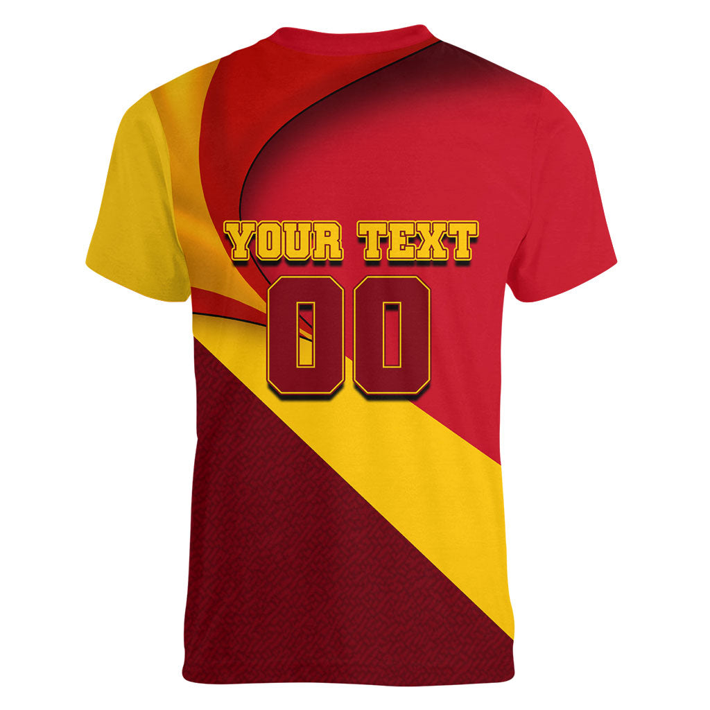 Personalized Spain Football Women V-Neck T-Shirt Spanish Soccer Team Flag Bull Mascot