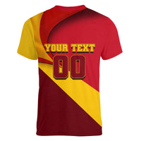 Personalized Spain Football Women V-Neck T-Shirt Spanish Soccer Team Flag Bull Mascot