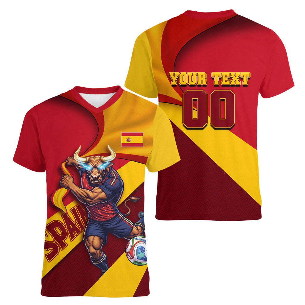 Personalized Spain Football Women V-Neck T-Shirt Spanish Soccer Team Flag Bull Mascot