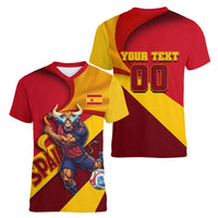 Personalized Spain Football Women V-Neck T-Shirt Spanish Soccer Team Flag Bull Mascot
