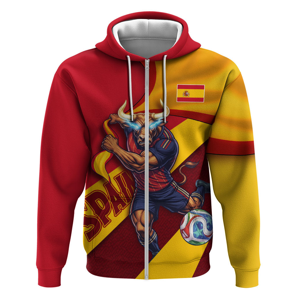 Personalized Spain Football Zip Hoodie Spanish Soccer Team Flag Bull Mascot