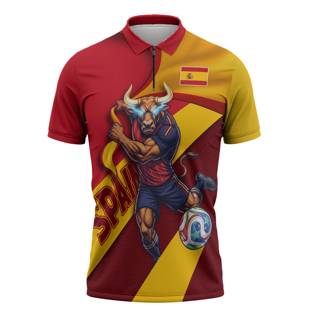 Personalized Spain Football Zipper Polo Shirt Spanish Soccer Team Flag Bull Mascot