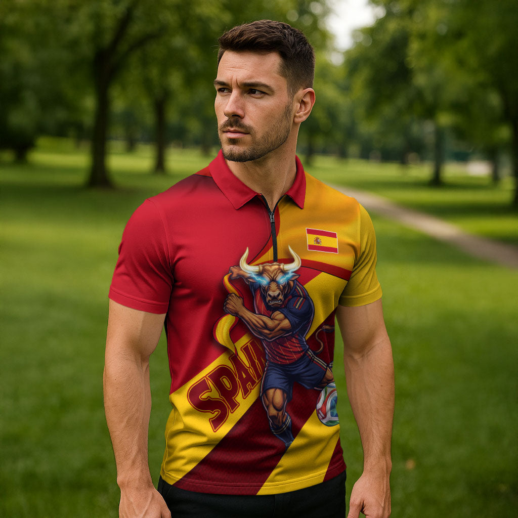 Personalized Spain Football Zipper Polo Shirt Spanish Soccer Team Flag Bull Mascot