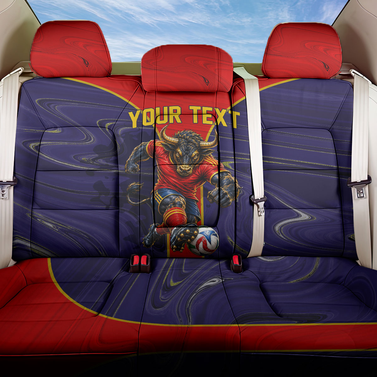 Personalized Spain Football Back Car Seat Cover Fear the Bull Soccer Mascot Marble Art