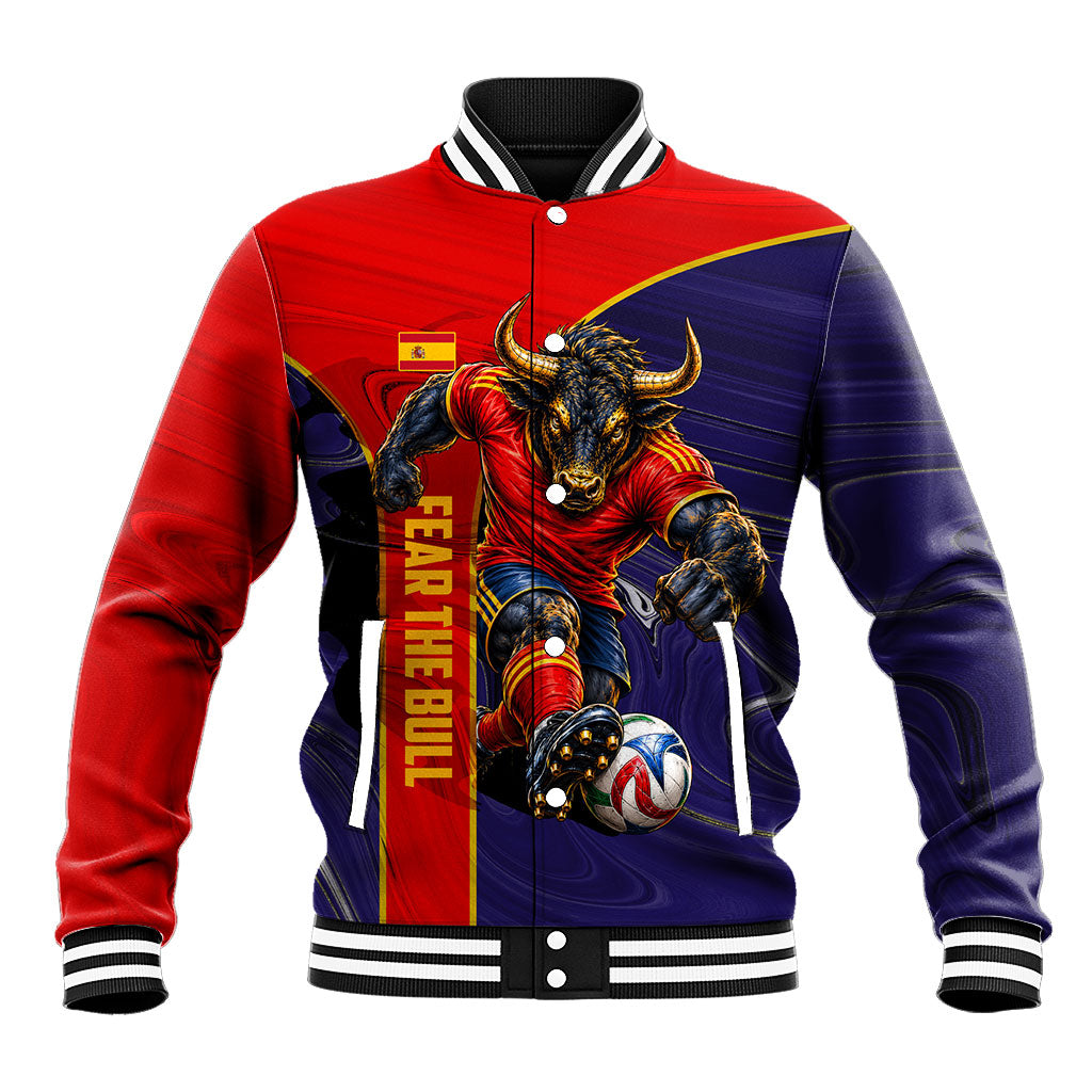 Personalized Spain Football Baseball Jacket Fear the Bull Soccer Mascot Marble Art