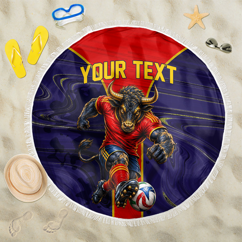 Personalized Spain Football Beach Blanket Fear the Bull Soccer Mascot Marble Art