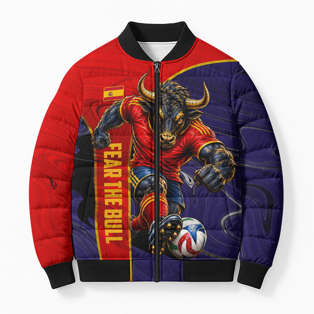 Personalized Spain Football Bomber Puffer Jacket Fear the Bull Soccer Mascot Marble Art
